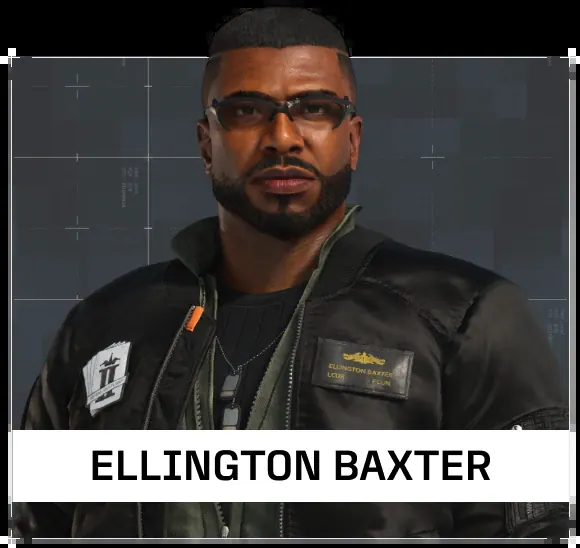 Character card of Ellington Baxter wearing glasses and a leather flight jacket