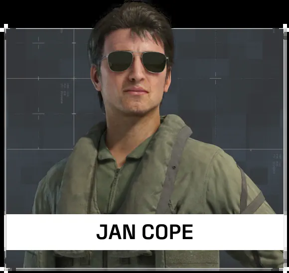 Character card showing Jan Cope in sunglasses and a flight suit