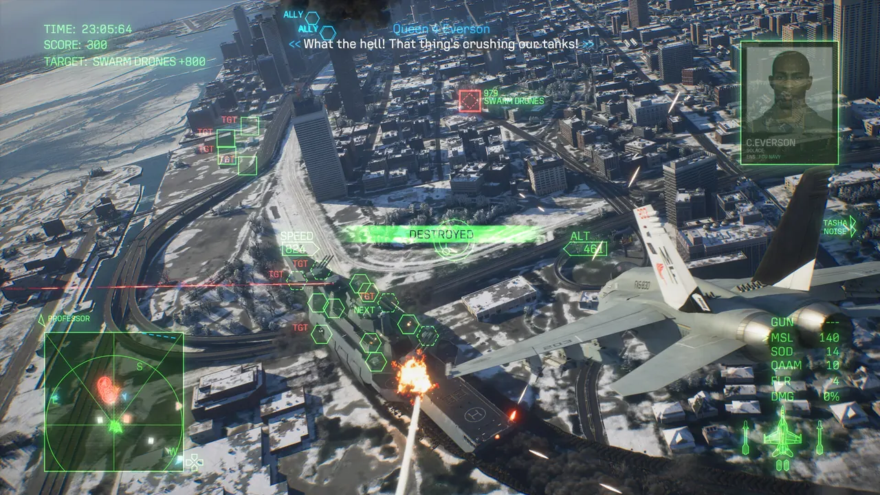 In-game HUD during a low altitude attack run on city targets