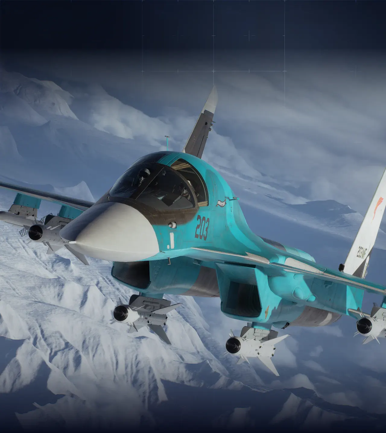 Teal liveried fighter jet banking above a sunlit layer of clouds