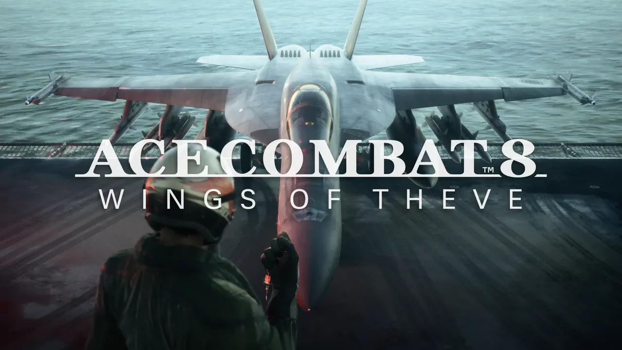 Ace Combat 8 key art logo over a carrier deck with scattered debris