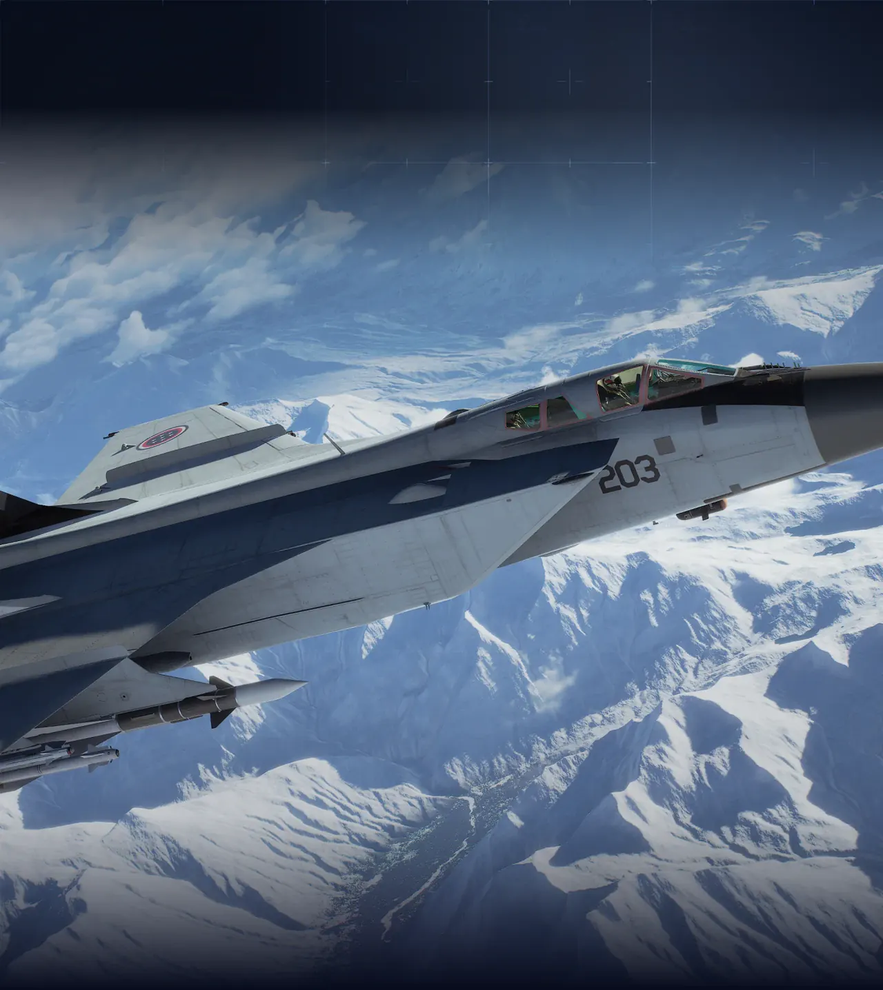 Two fighter jets maneuvering against each other in a dogfight above snow-covered mountains